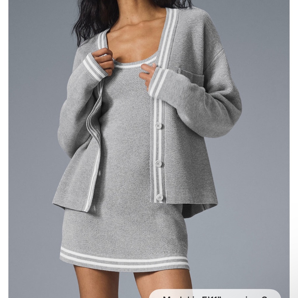 Alo Tennis Club Sweater Knit Cardigan NWT Althletic Heather Grey/White Size S